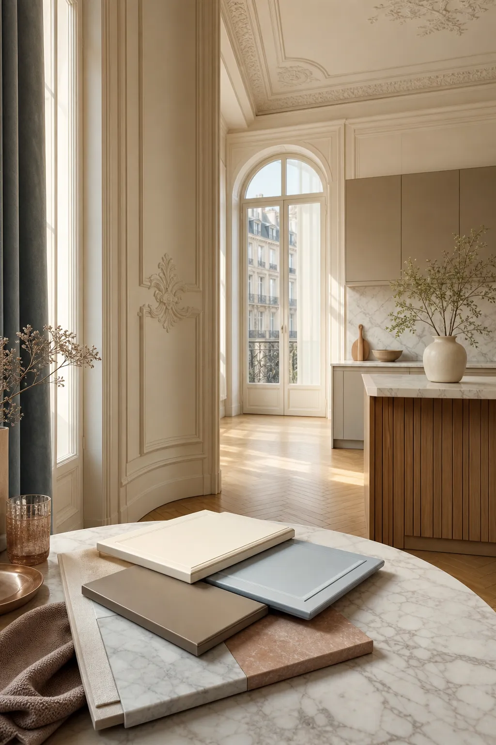 Material mood study: pale cabinet boards, parquet, stone, and soft Paris apartment light.