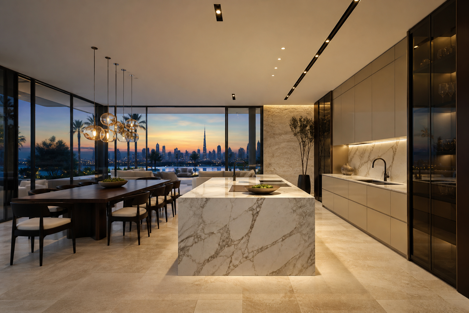 Fadior Dubai 290 sqm Kitchen Villa — champagne-tone island, marble counter, walnut cabinets, skyline window — 304 stainless steel cabinetry installation by Fadior