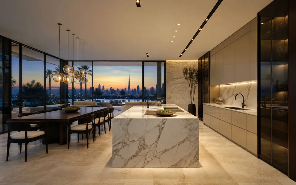 Fadior Dubai 290 sqm Kitchen Villa — champagne-tone island, marble counter, walnut cabinets, skyline window — 304 stainless steel cabinetry installation by Fadior