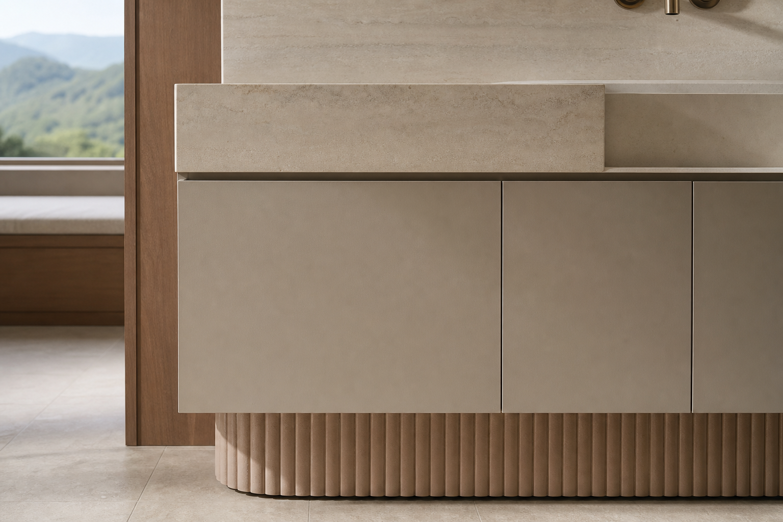 Fadior Alcove Bathroom Suite with Ribbed Clay Plinth — close-up of stainless steel finish and hardware detail