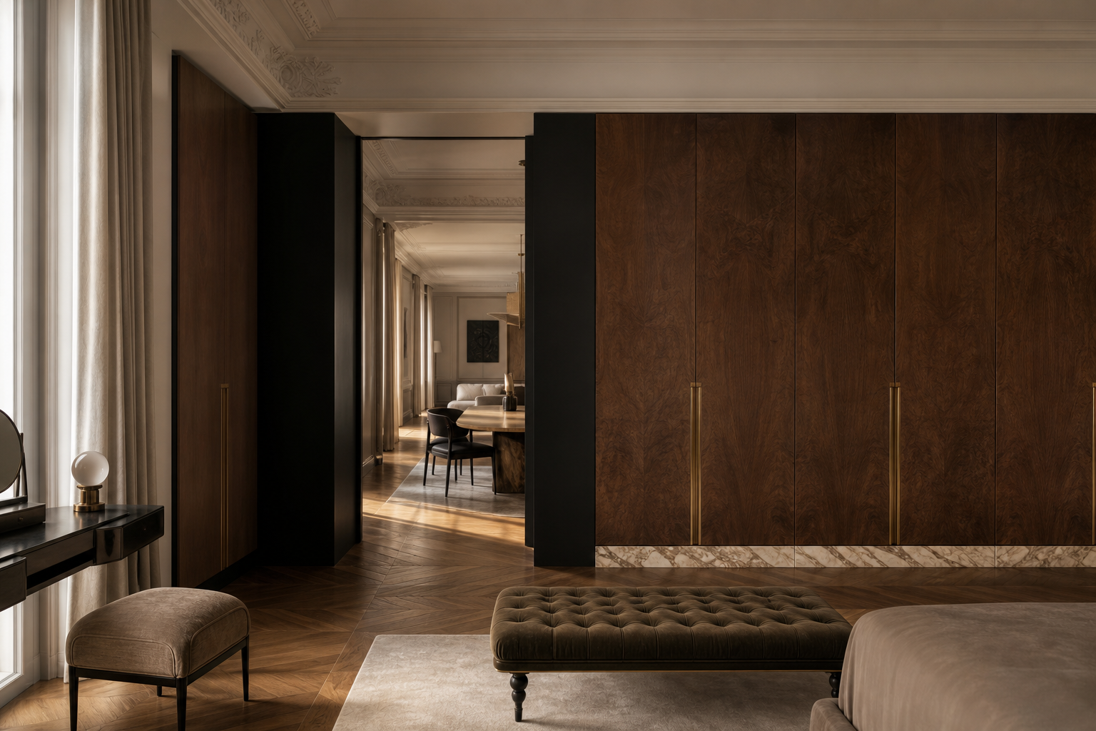 Fadior Resonance Wardrobe Suite with Monolithic Lacquer Wardrobe Plane — interior room context showing cabinet integration