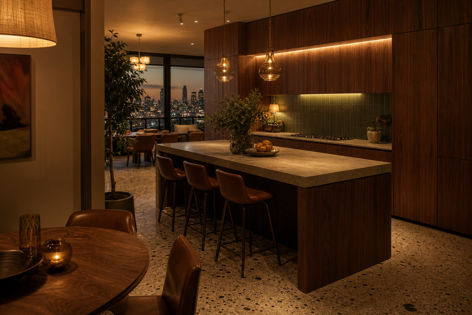 Fadior Kuwait City 85 sqm Kitchen Villa — Kuwait City kitchen counter with island, terrazzo floor, walnut cabinet,