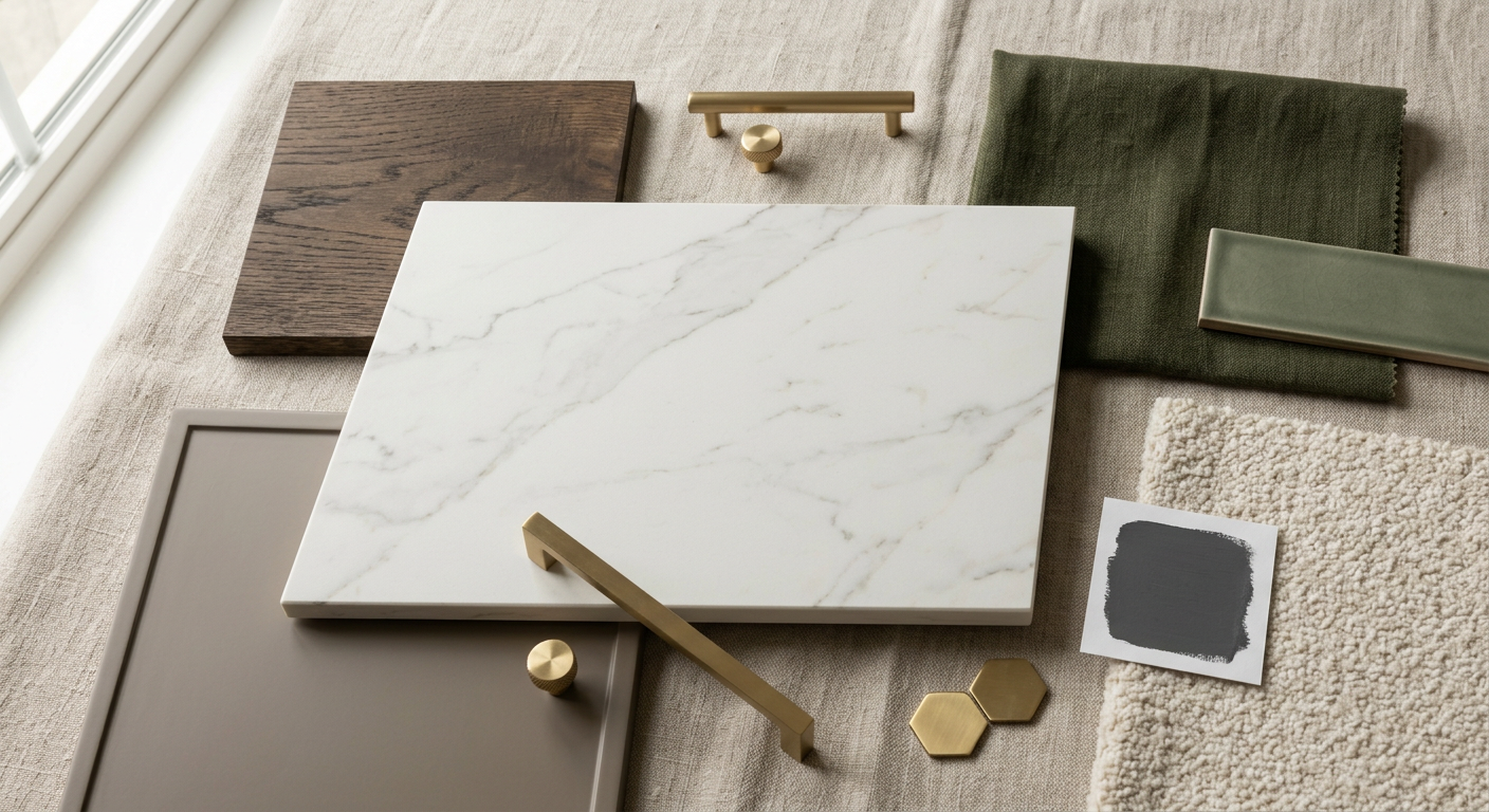 Sintered Stone Countertop (Dekton/Neolith class) material palette with complementary finishes
