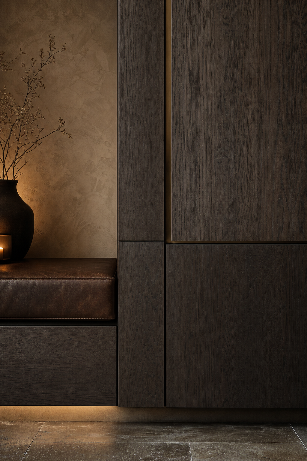 Fadior Patina Living Room Suite with Floating Banquette Console — close-up of stainless steel finish and hardware detail