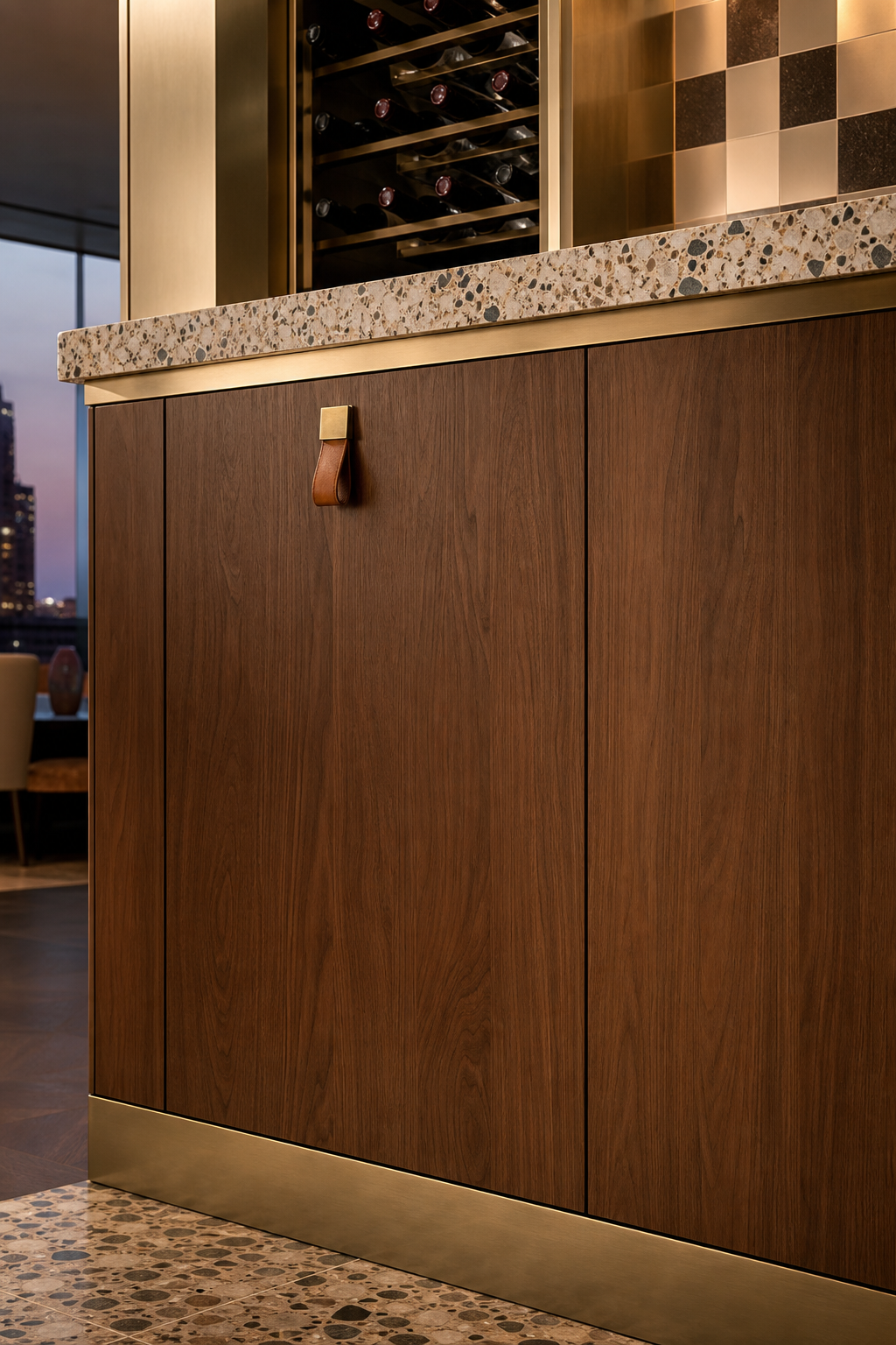 Fadior Grotto Wine Cabinet Suite with Cognac Sommelier Credenza — close-up of stainless steel finish and hardware detail