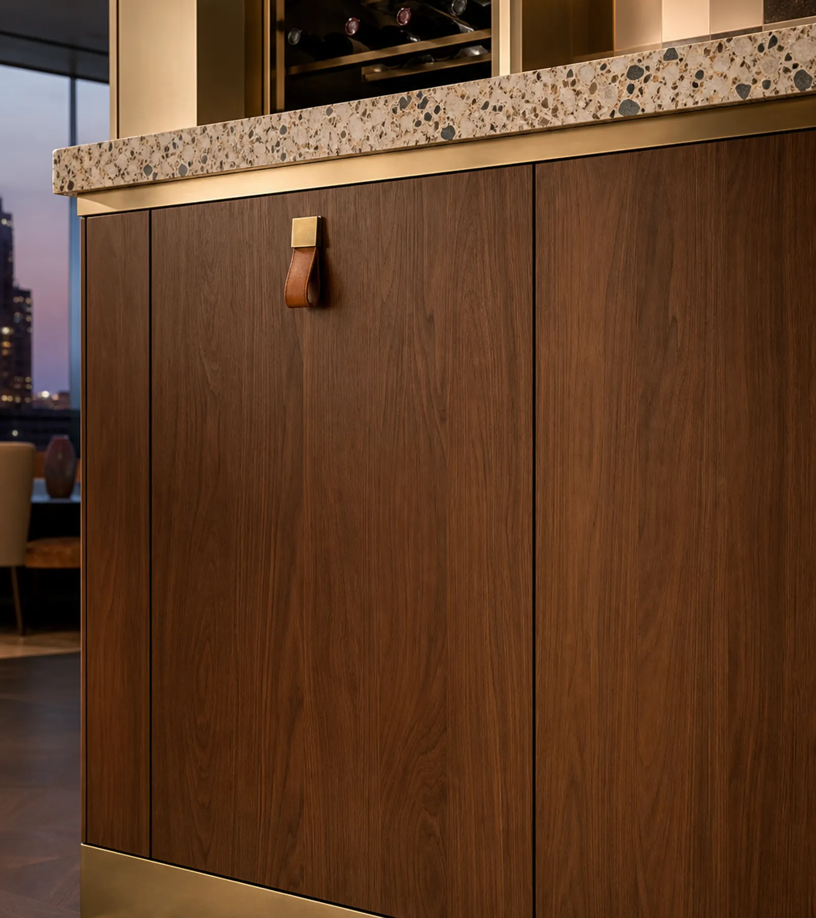 Fadior Grotto Wine Cabinet Suite with Cognac Sommelier Credenza — close-up of stainless steel finish and hardware detail