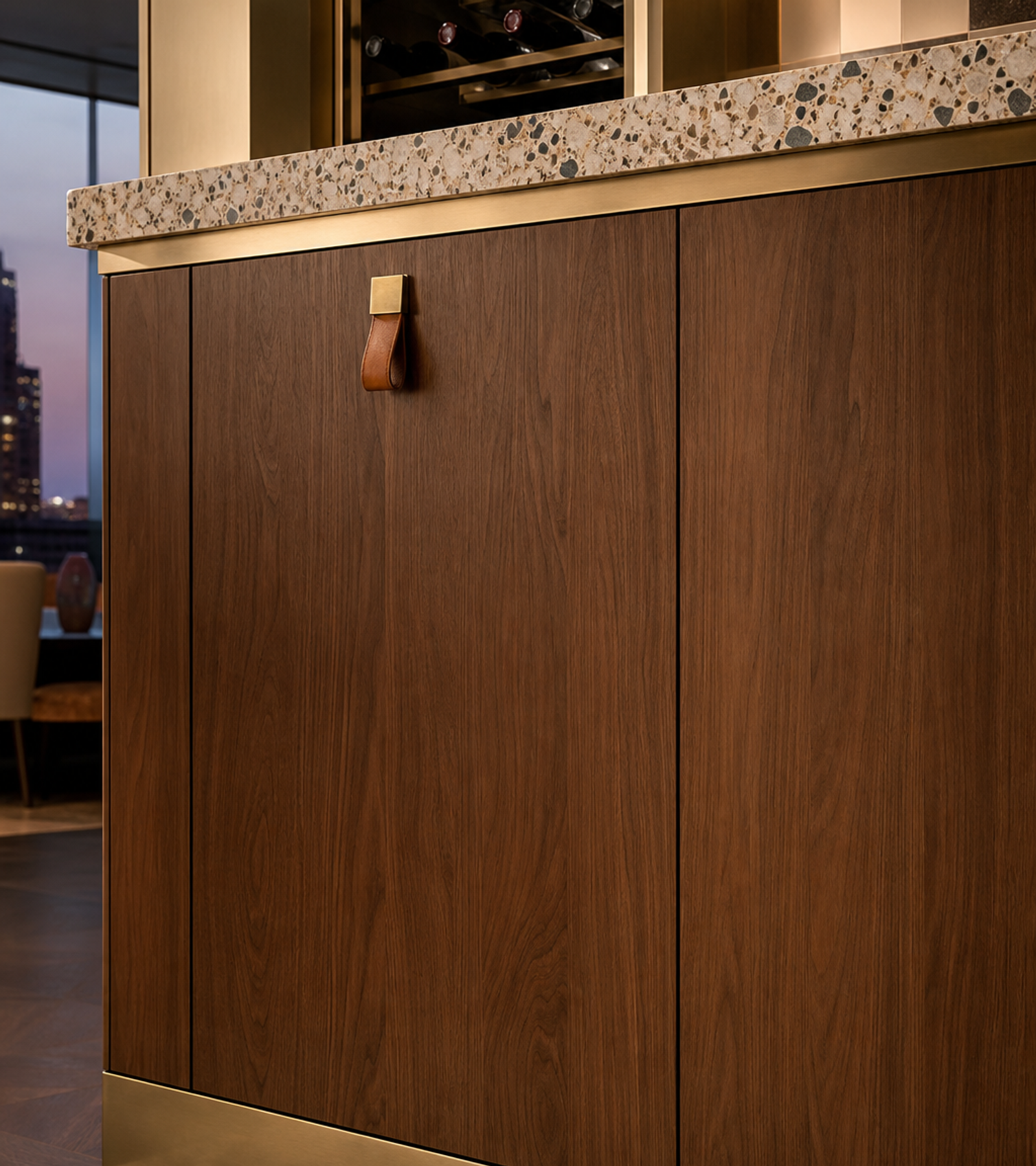 Fadior Grotto Wine Cabinet Suite with Cognac Sommelier Credenza — close-up of stainless steel finish and hardware detail