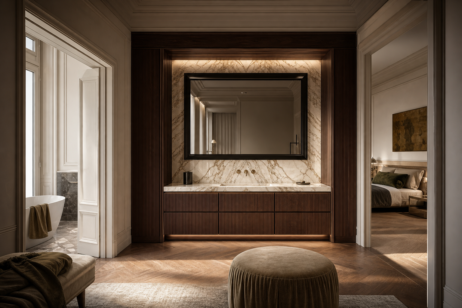 Fadior Verve Bath and Vanity Suite with Fluted Halo Wash Wall — interior room context showing cabinet integration