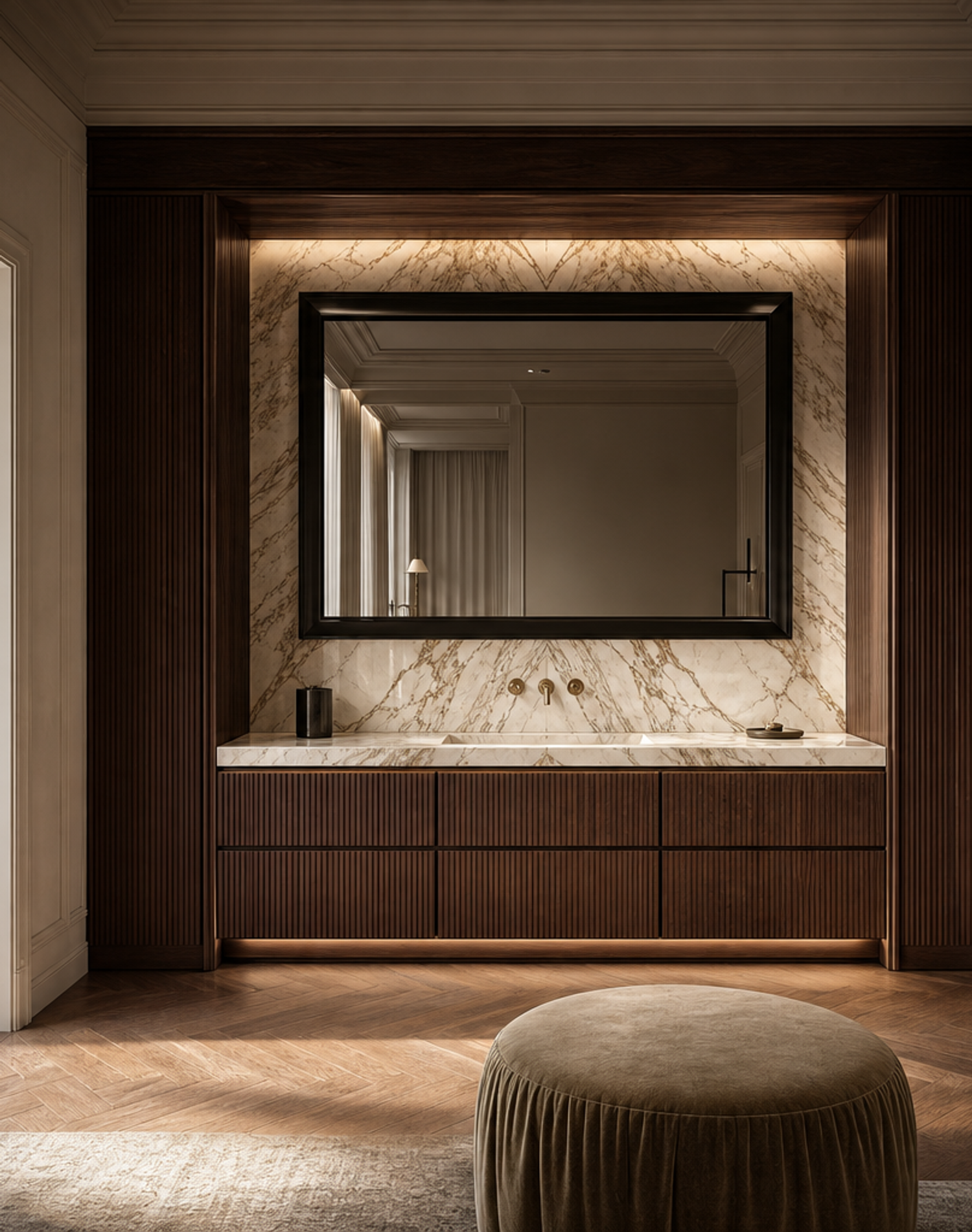 Fadior Verve Bath and Vanity Suite with Fluted Halo Wash Wall — interior room context showing cabinet integration