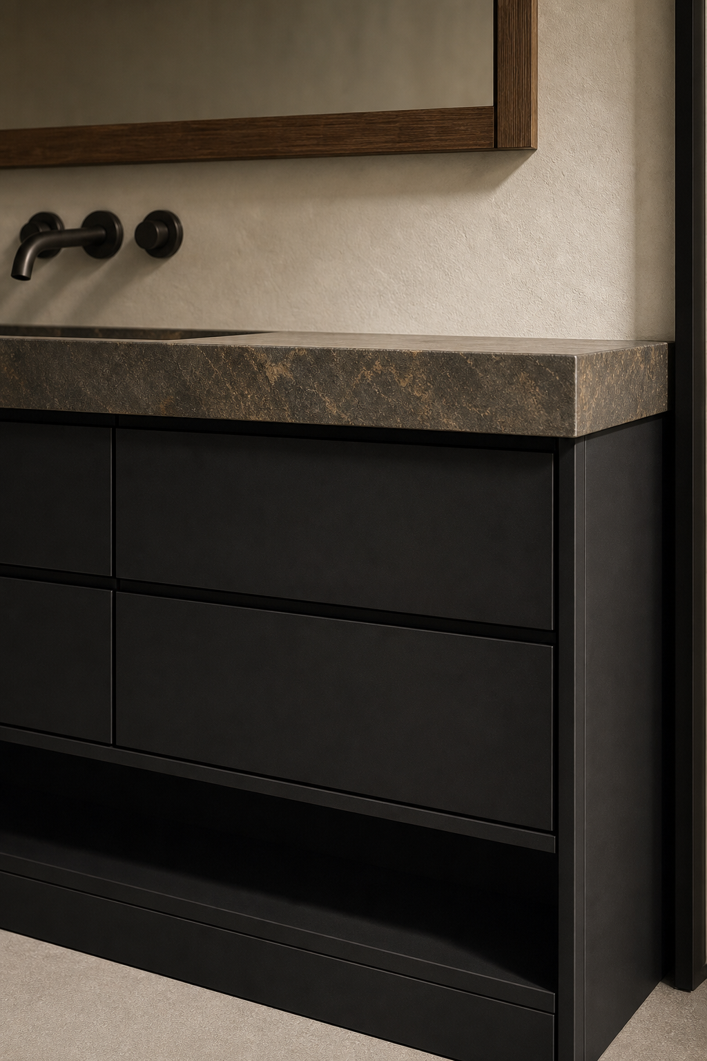 Fadior Verve Bath and Vanity Suite with Obsidian Towel Plinth — close-up of stainless steel finish and hardware detail