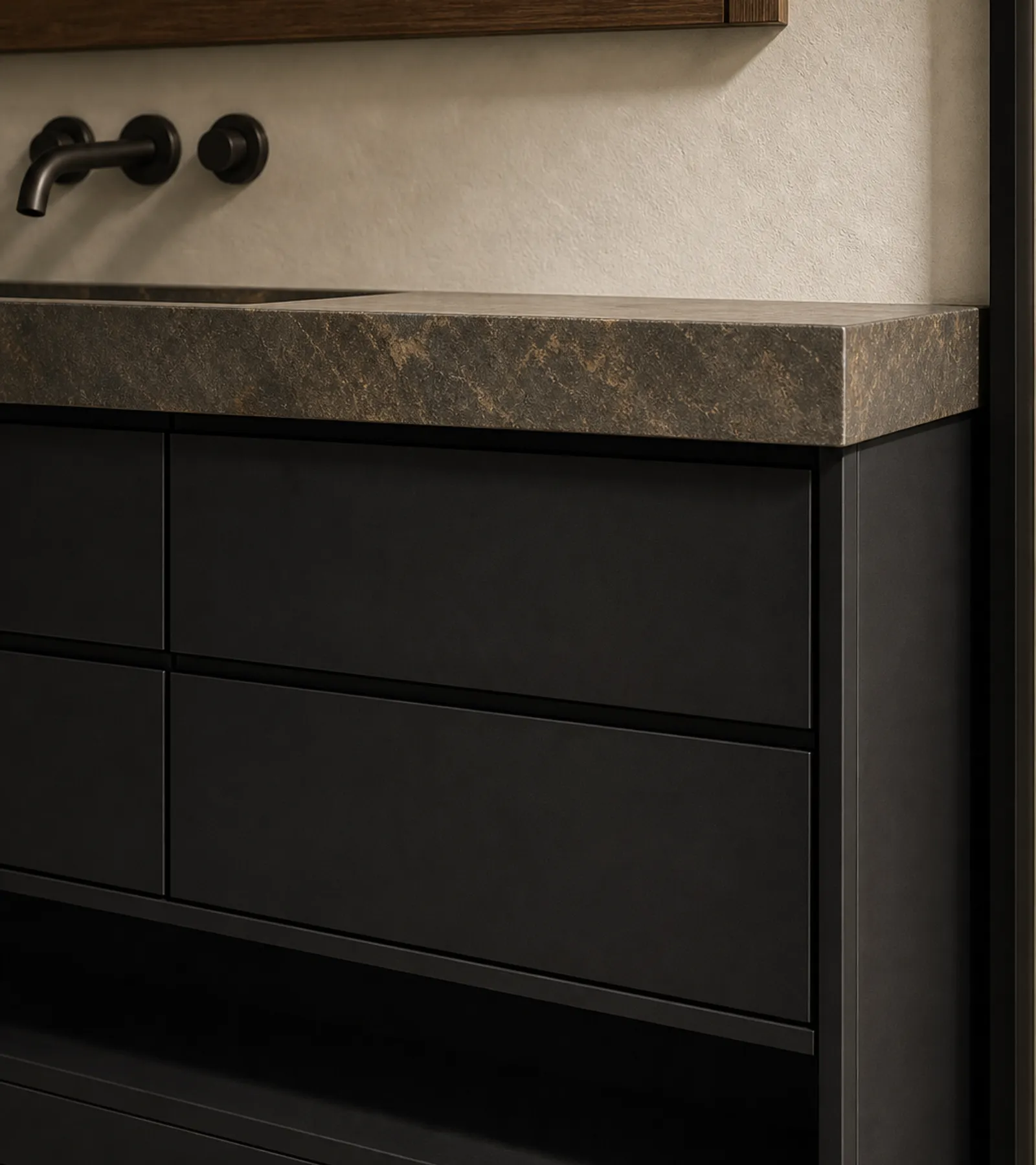 Fadior Verve Bath and Vanity Suite with Obsidian Towel Plinth — close-up of stainless steel finish and hardware detail