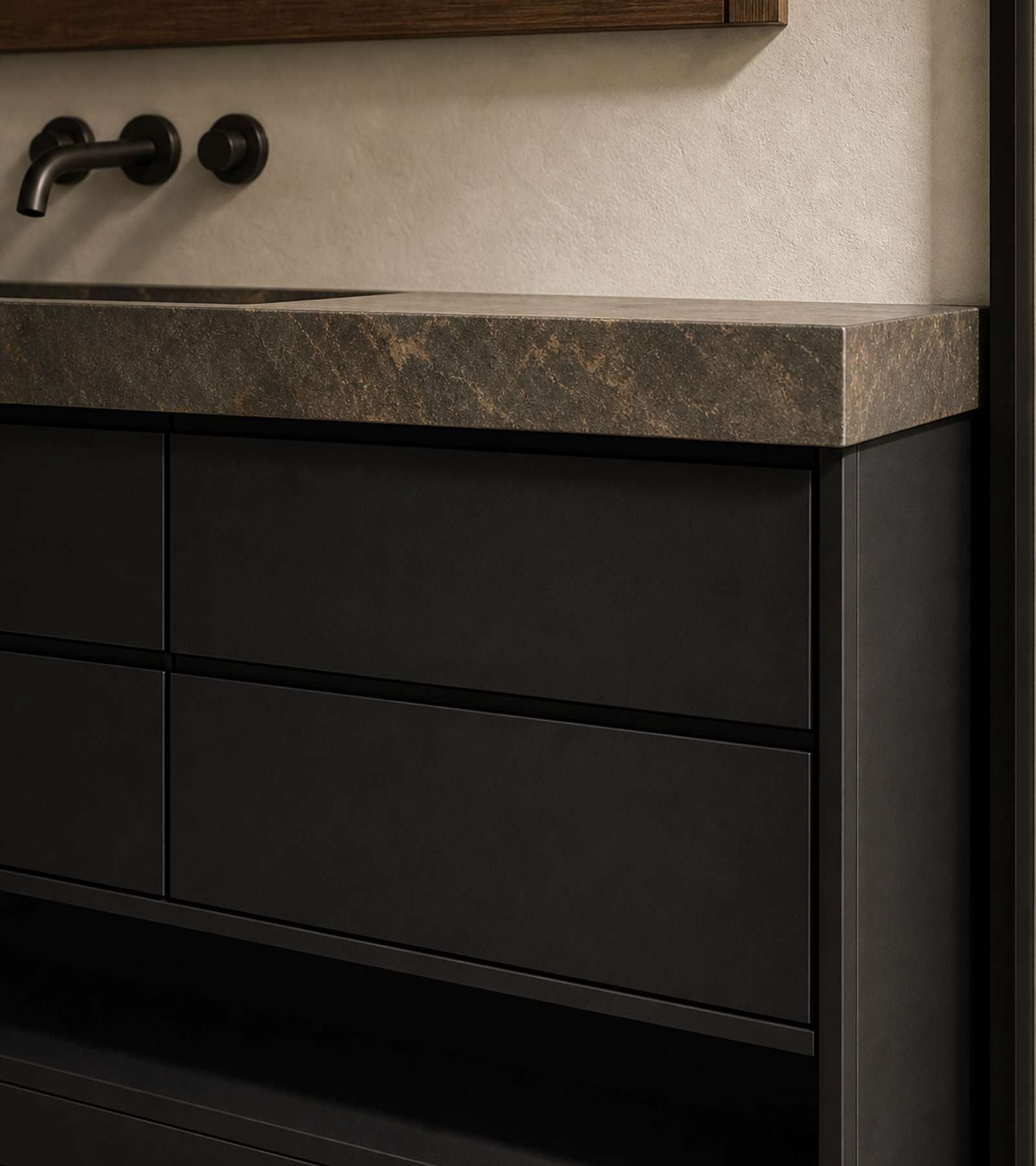 Fadior Verve Bath and Vanity Suite with Obsidian Towel Plinth — close-up of stainless steel finish and hardware detail