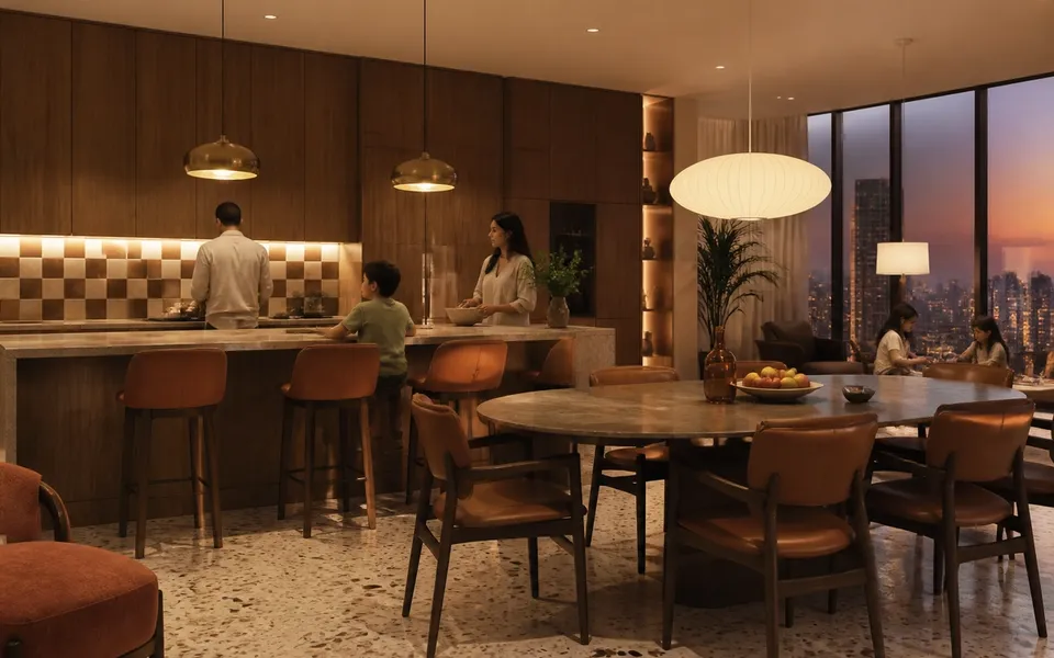 Fadior Abu Dhabi 425 sqm Kitchen Villa — walnut kitchen island, terrazzo floor, leather dining chairs, pendant lights, — 304 stainless steel cabinetry installation by Fadior