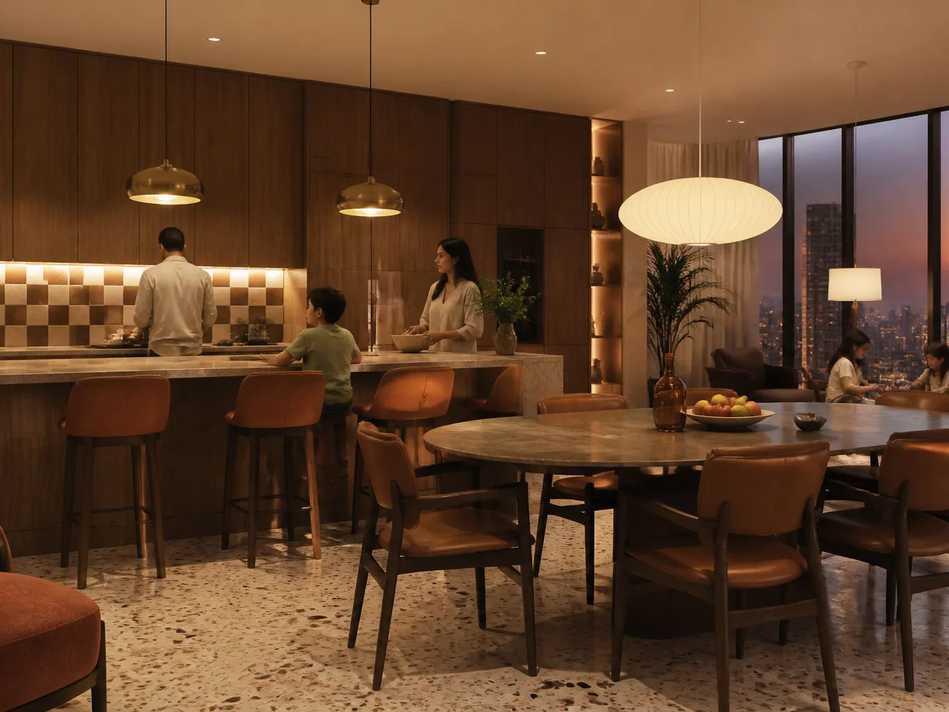 Fadior Abu Dhabi 425 sqm Kitchen Villa — walnut kitchen island, terrazzo floor, leather dining chairs, pendant lights,