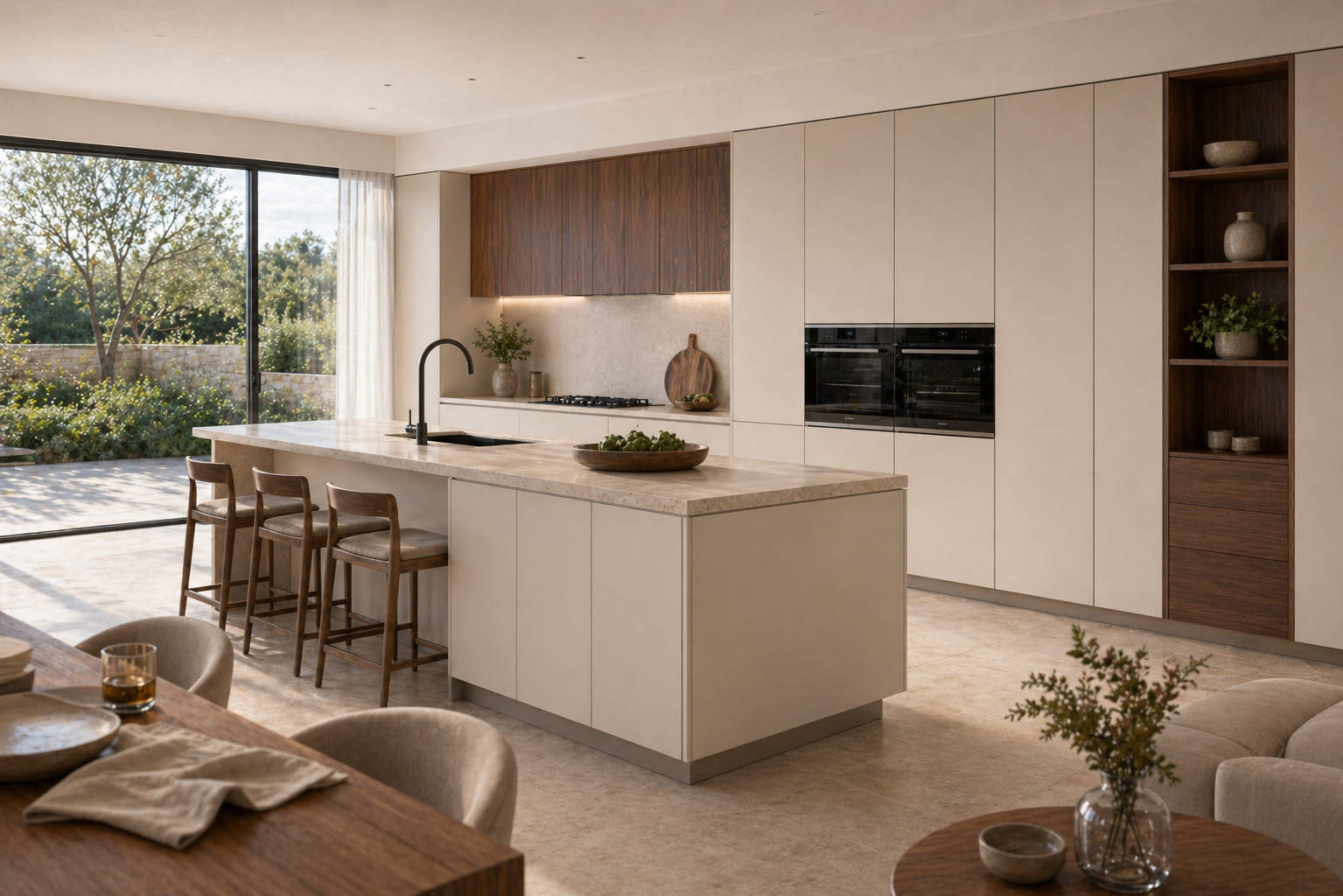 Fadior Dream Home Kitchen Suite with Frameless Pearl Utility Spine — lifestyle setting with natural light and residential styling