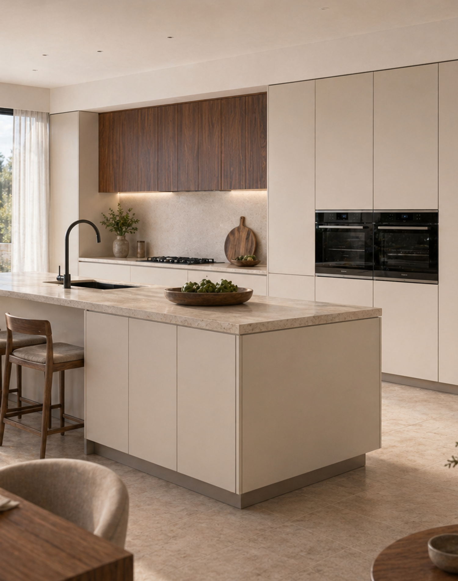 Fadior Dream Home Kitchen Suite with Frameless Pearl Utility Spine — lifestyle setting with natural light and residential styling