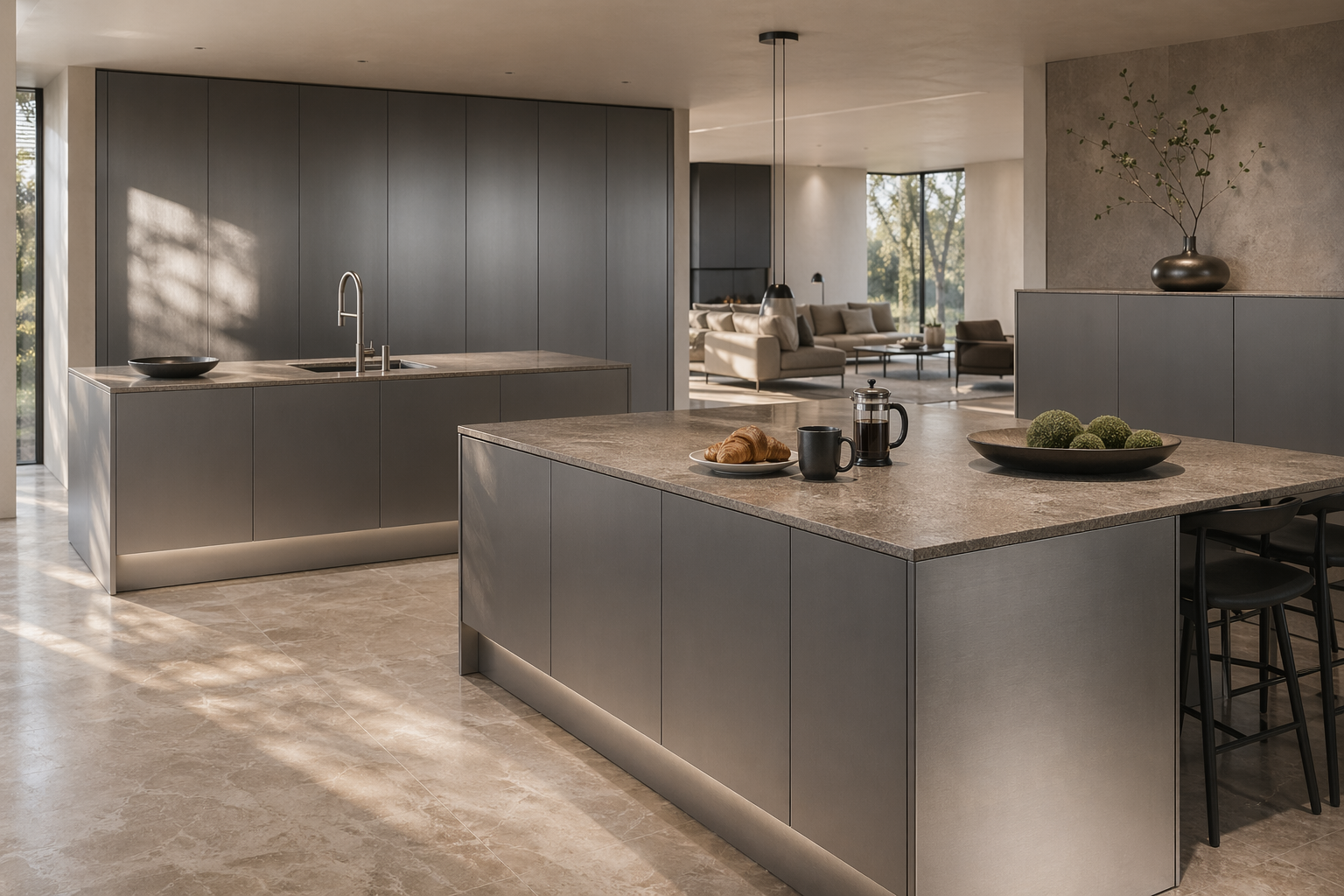Fadior Abyss Kitchen Suite with L-Shape Dual Island — lifestyle setting with natural light and residential styling