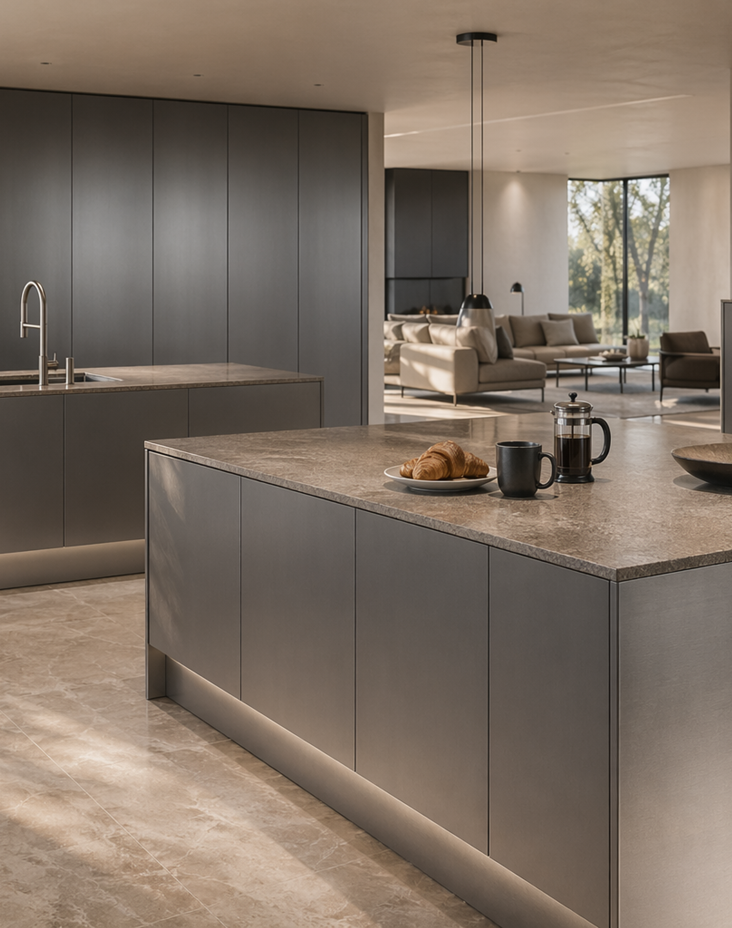 Fadior Abyss Kitchen Suite with L-Shape Dual Island — lifestyle setting with natural light and residential styling