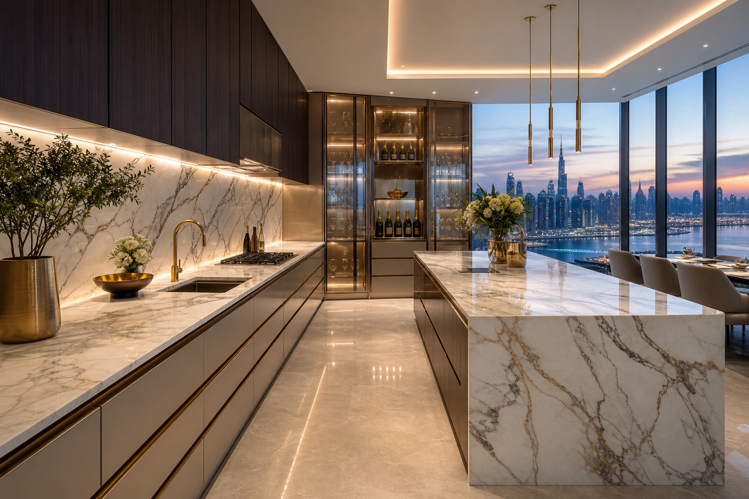 Fadior Dubai 280 sqm Kitchen Penthouse — Zaha — marble counter, sink deck, champagne cabinet wall, glass display,