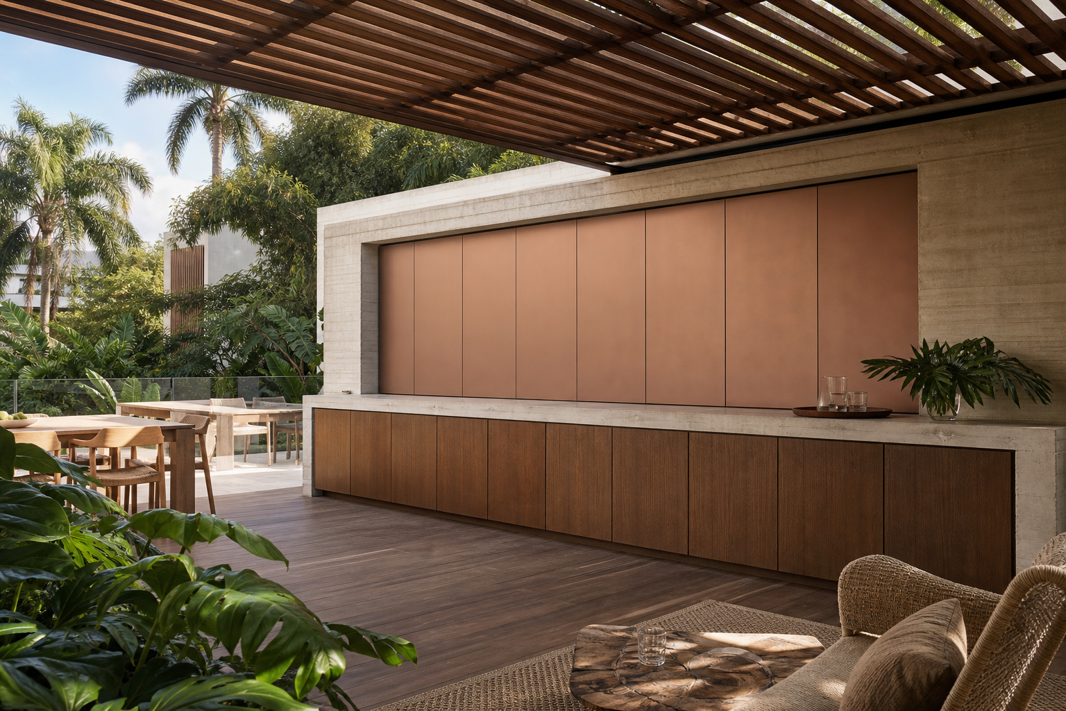 Fadior Vantage Outdoor Kitchen Suite with Copper Mist Bar Alcove — lifestyle setting with natural light and residential