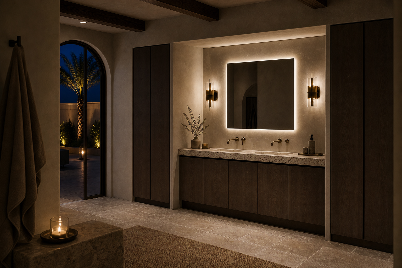 Fadior Ethereal Bath and Vanity Suite with Full-Thickness Vein Wash Alcove — lifestyle setting with natural light and