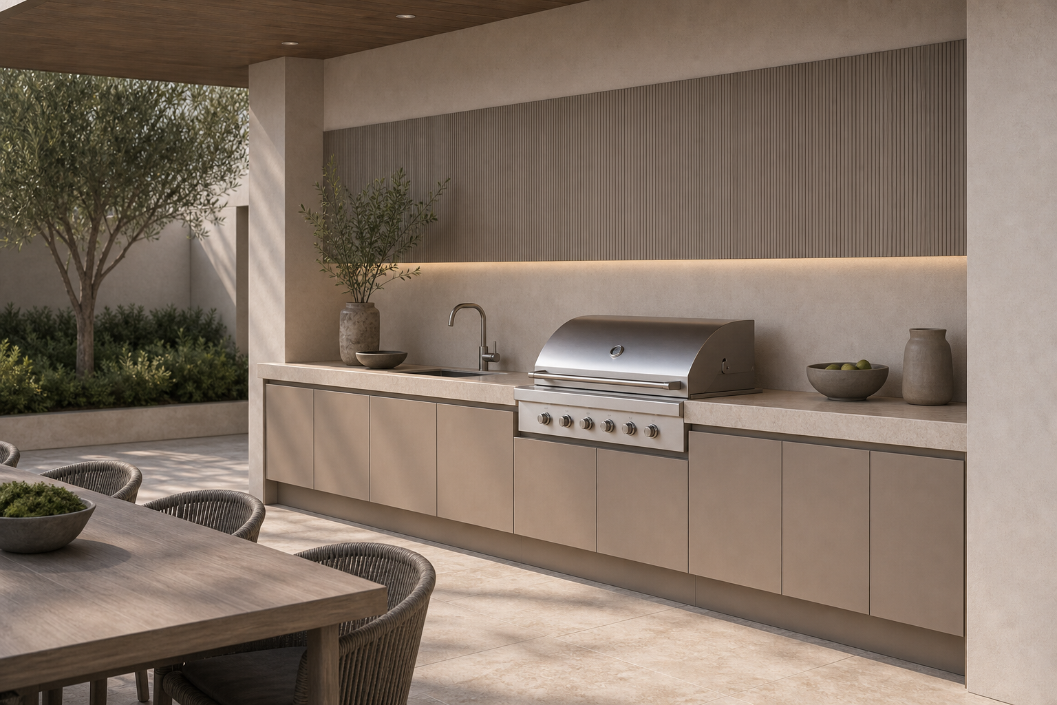 Fadior Vantage Outdoor Kitchen Suite with Courtyard Grill Spine — lifestyle setting with natural light and residential styling