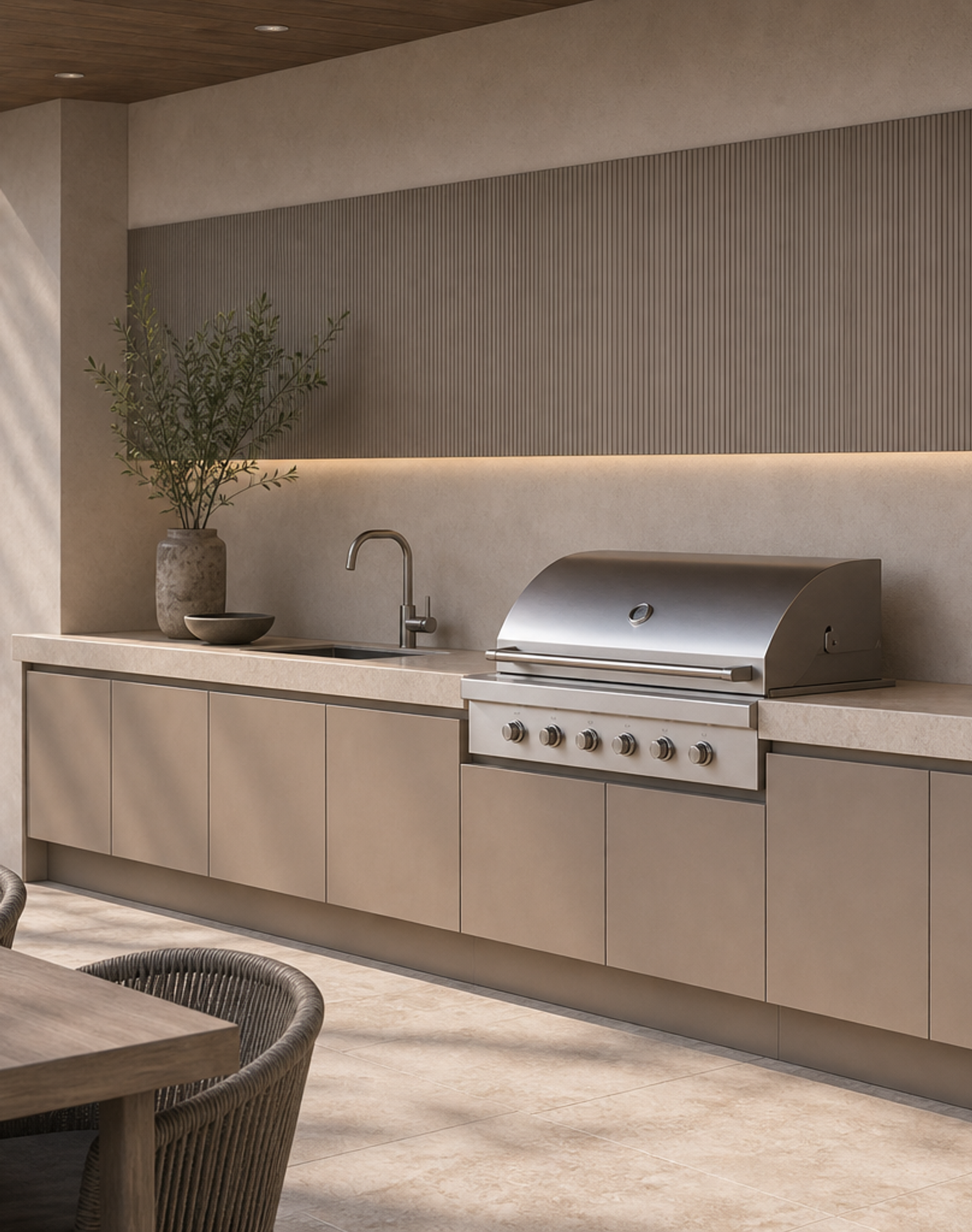 Fadior Vantage Outdoor Kitchen Suite with Courtyard Grill Spine — lifestyle setting with natural light and residential styling