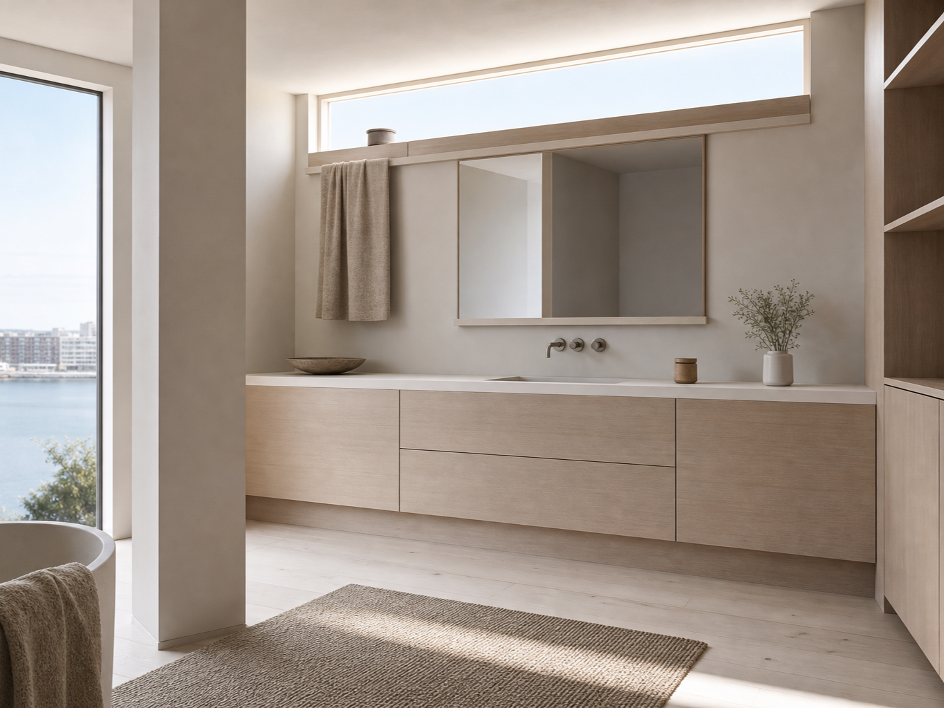 Fadior Solstice Bath and Vanity Suite with Clerestory Towel Bridge — interior room context showing cabinet integration