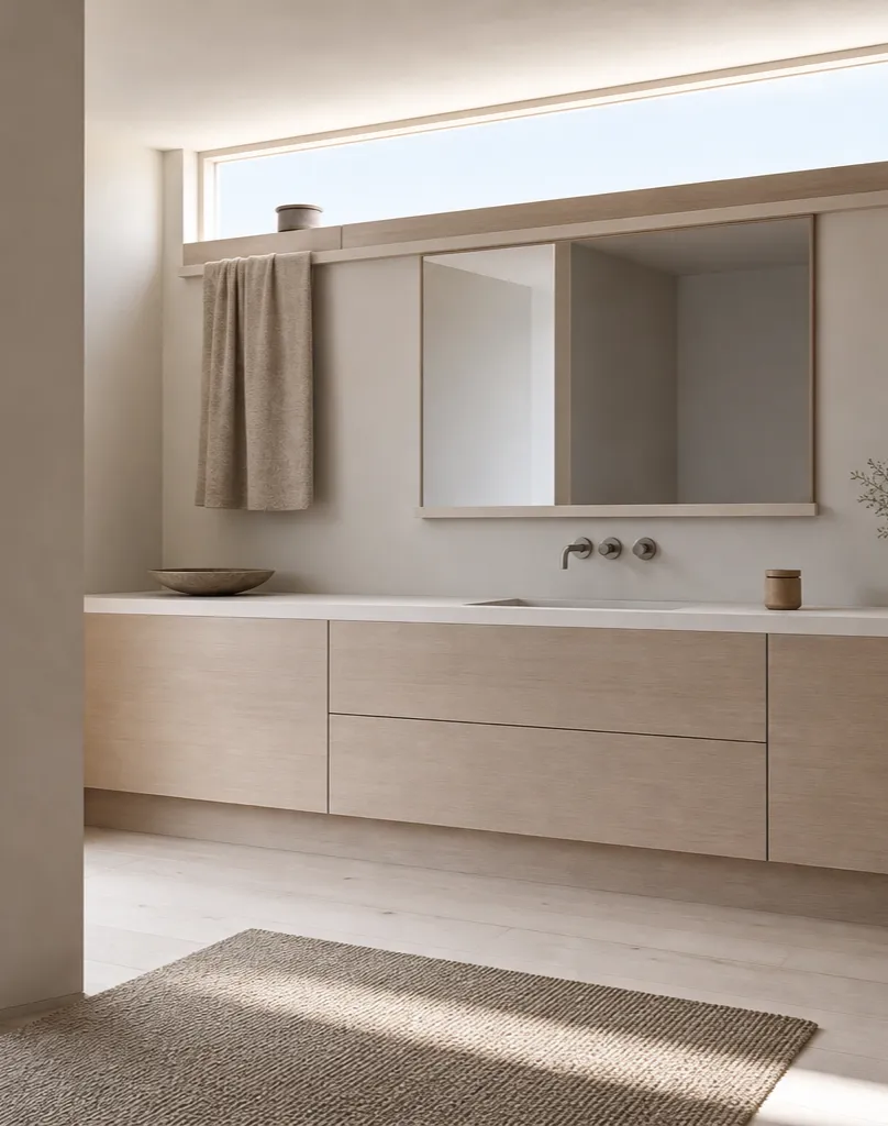 Fadior Solstice Bath and Vanity Suite with Clerestory Towel Bridge — interior room context showing cabinet integration