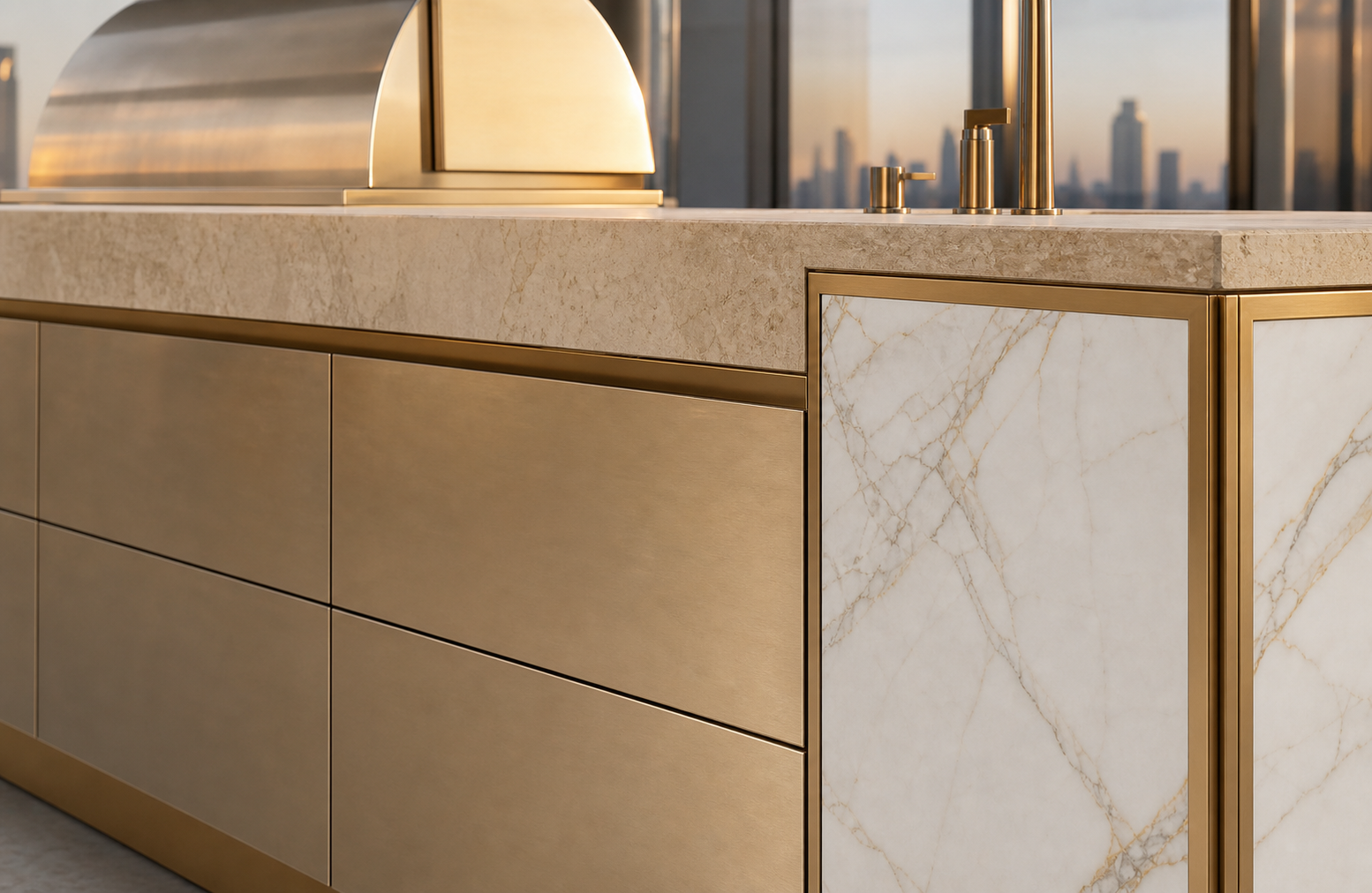 Fadior Vantage Outdoor Kitchen Suite with Champagne Skyline Island — close-up of stainless steel finish and hardware detail