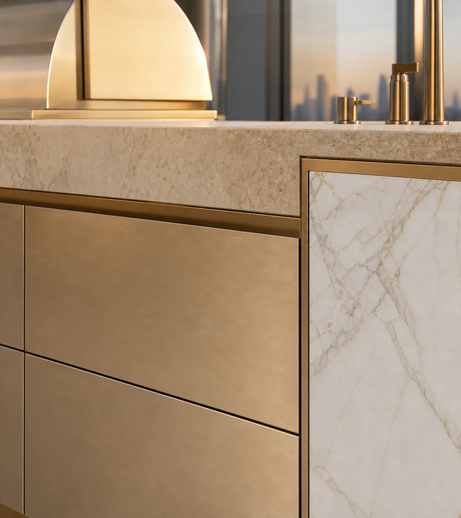 Suite de Cocina Exterior Vantage con Isla Champagne Skyline acabado y detalle