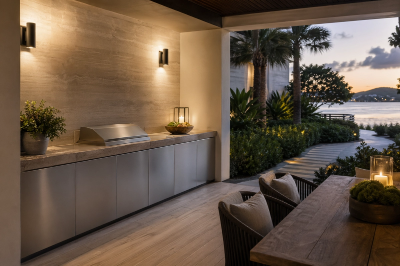 Lifestyle context: covered patio kitchen with brushed 304 stainless steel cabinets and calm evening dining atmosphere.