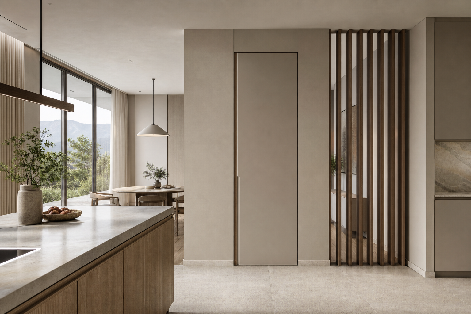 Fadior Silhouette Interior Door Suite with Sculptural Fin Passage Screen — interior room context showing cabinet integration