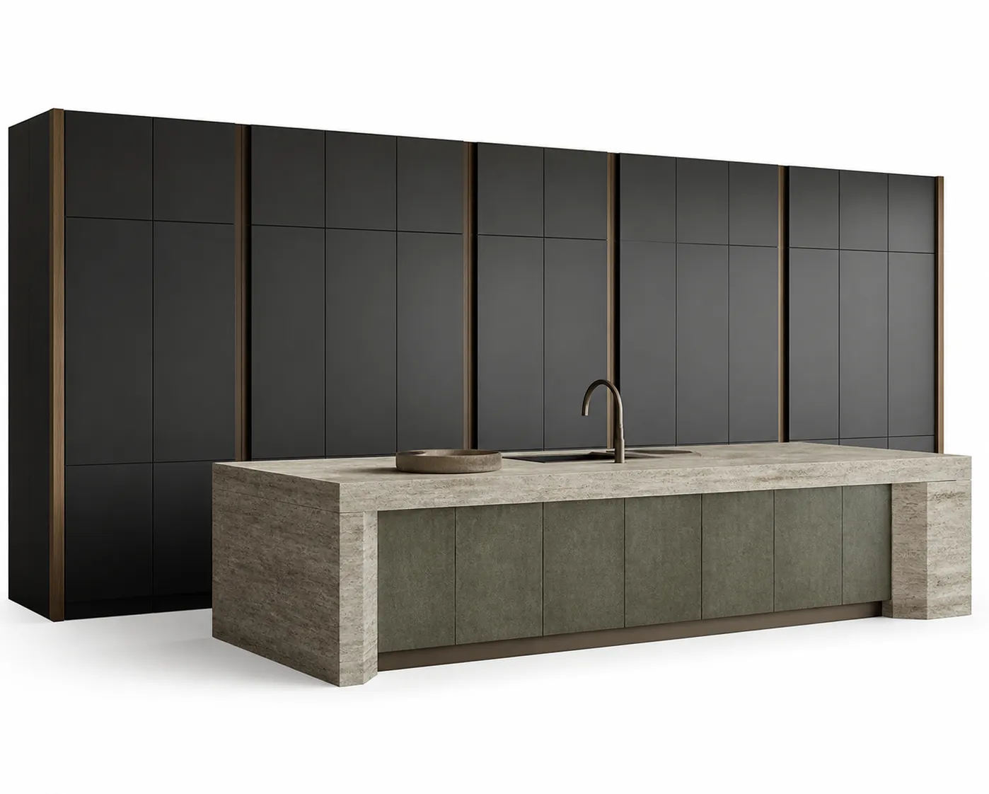 Fadior Atelier Kitchen Suite with Structural Datum Island — 304 stainless steel kitchen system, front view
