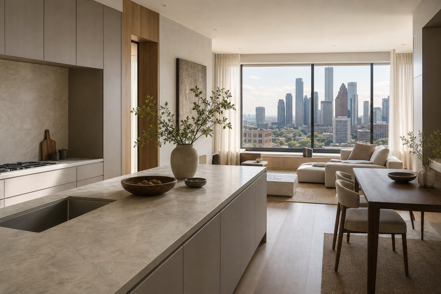 Fadior Houston 250 sqm Kitchen Penthouse — Fadior Houston living integration — island, dining table, oak cabinet,