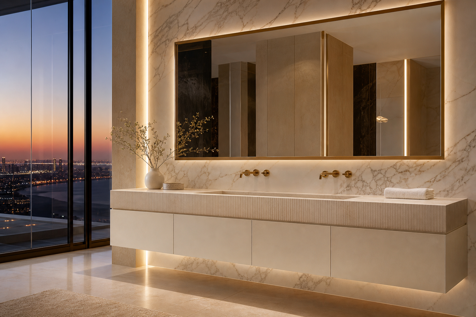 Fadior Solstice Bath and Vanity Suite with Parchment Basin Apron — lifestyle setting with natural light and residential