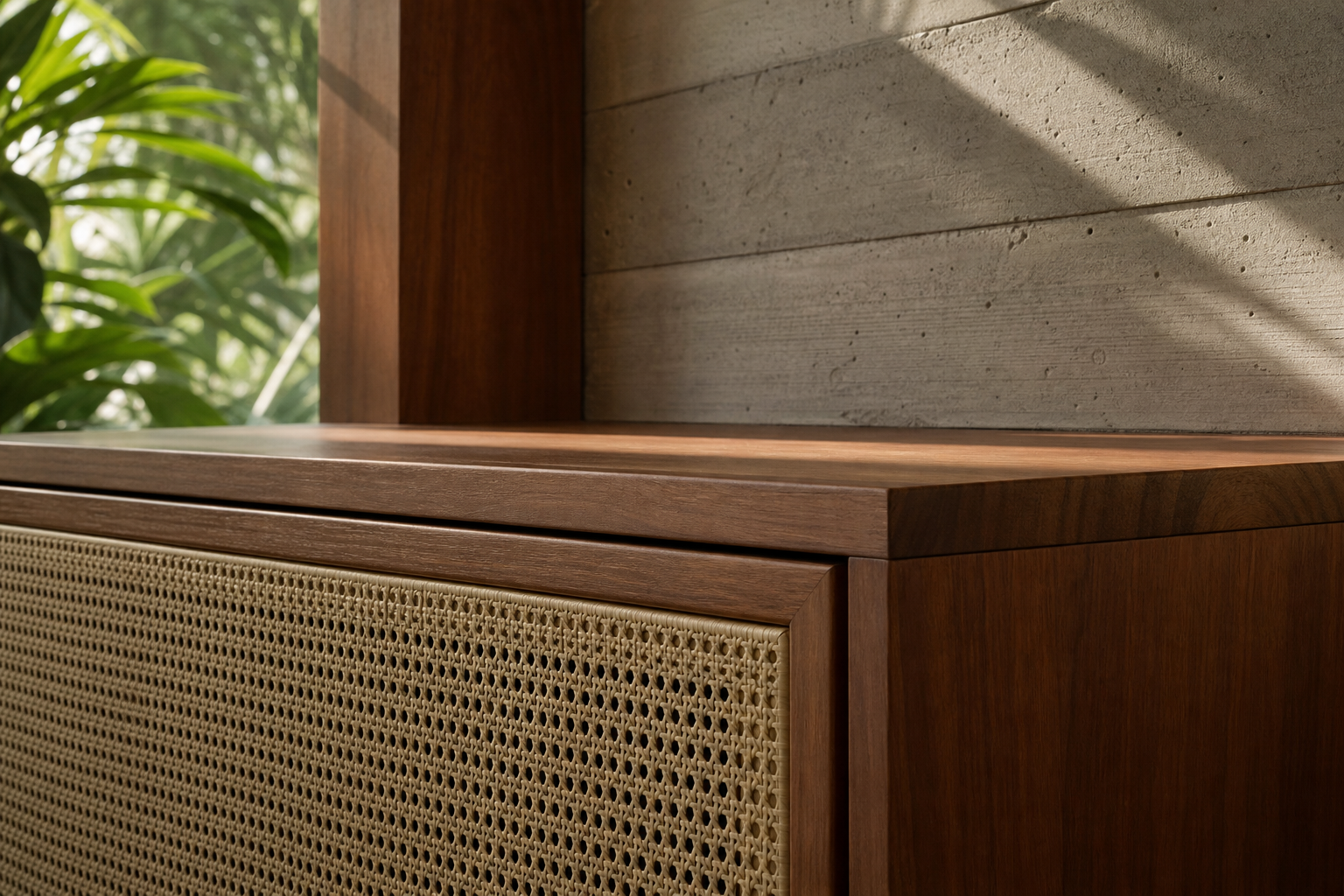 Fadior Veneto Living Room Suite with Concrete Cane Media Credenza — close-up of stainless steel finish and hardware detail