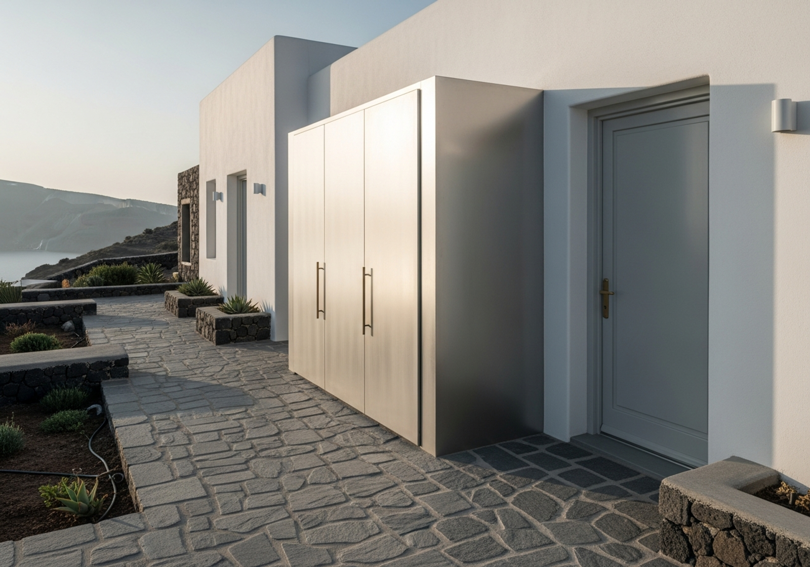 Fadior Oia Cliffside Villa — architectural exterior and landscape context