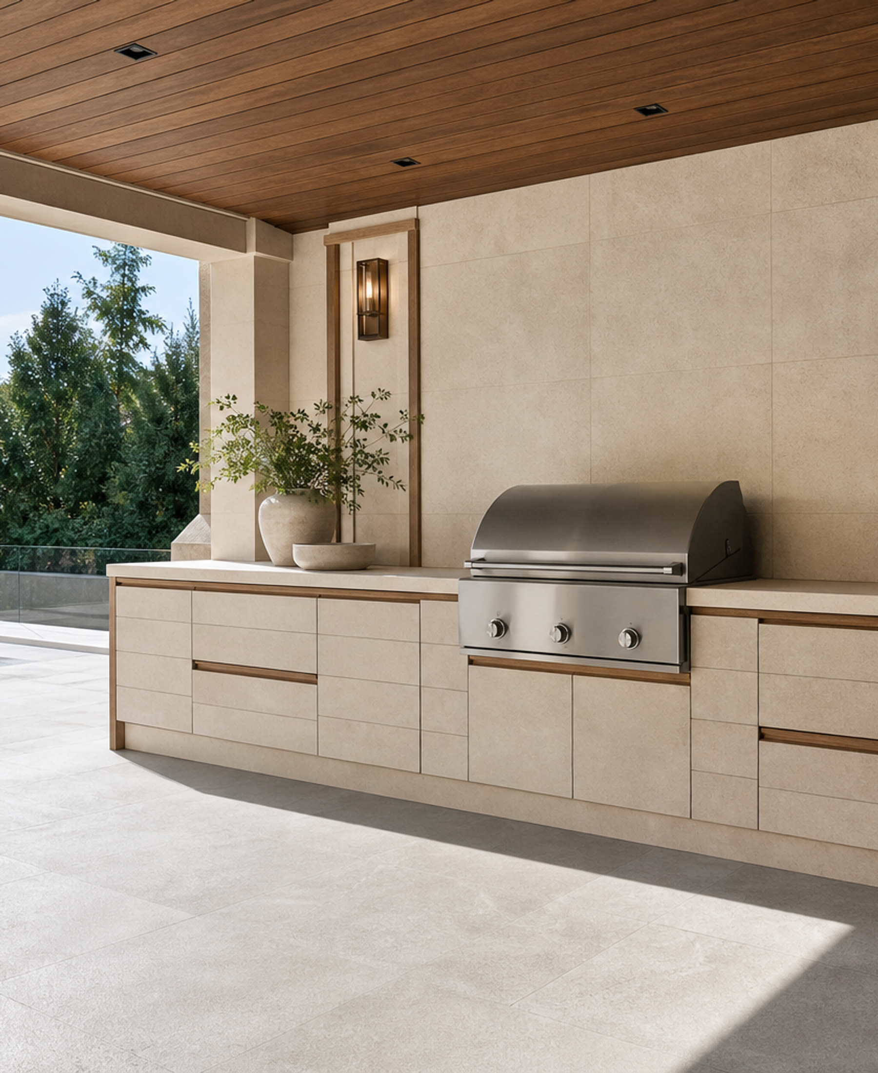 Fadior Horizon Outdoor Kitchen Suite with Limestone Pavilion Ribbon — 304 stainless steel outdoor kitchen system, front view