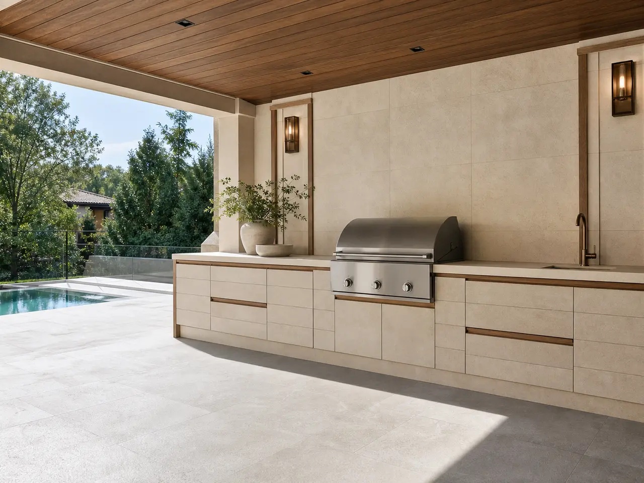 Fadior Horizon Outdoor Kitchen Suite with Limestone Pavilion Ribbon - 304 stainless steel outdoor kitchen cabinetry with grill, sink, prep counter, weather-ready storage, and open-air use