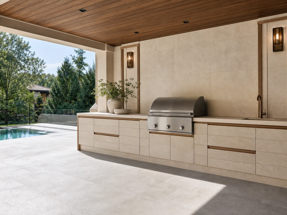 Fadior Horizon Outdoor Kitchen Suite with Limestone Pavilion Ribbon — 304 stainless steel outdoor kitchen system, front view