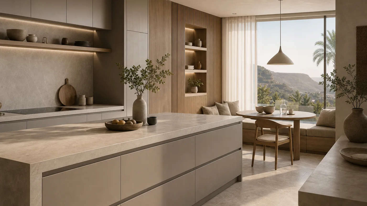 Luxury kitchen atmosphere with warm grey cabinetry and pale stone for Vola hardware planning restraint.