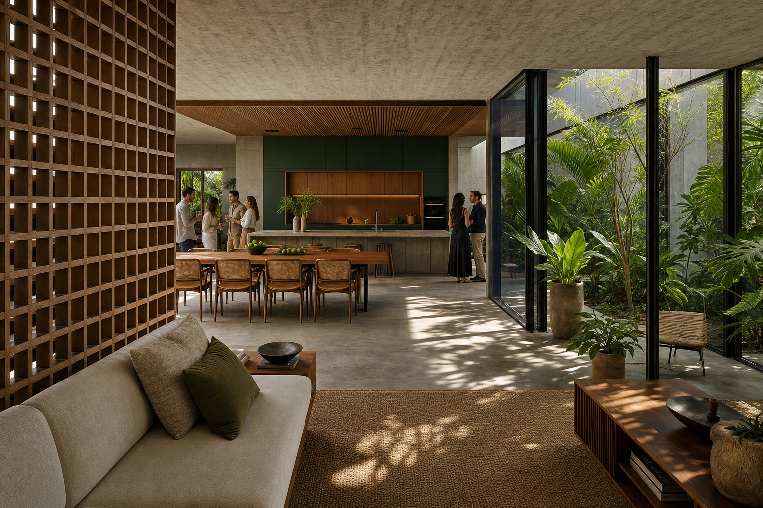 Fadior Milan 120 sqm Kitchen Penthouse — Milan living and dining room with kitchen island, sofa, cabinet wall, concrete floor, window, and woven rug
