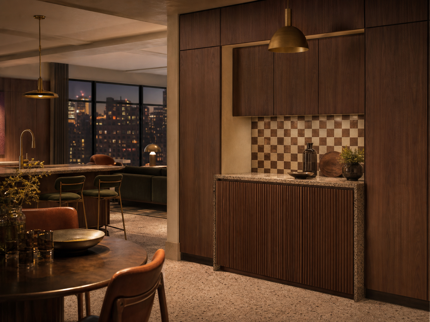 Fadior Meridian Kitchen Suite with Walnut Terrazzo Prep Bay — interior room context showing cabinet integration