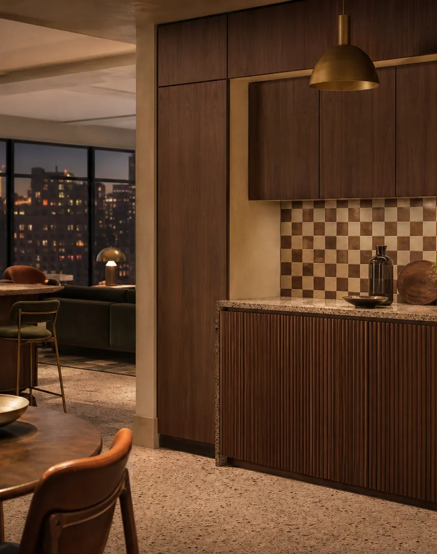 Fadior Meridian Kitchen Suite with Walnut Terrazzo Prep Bay — interior room context showing cabinet integration