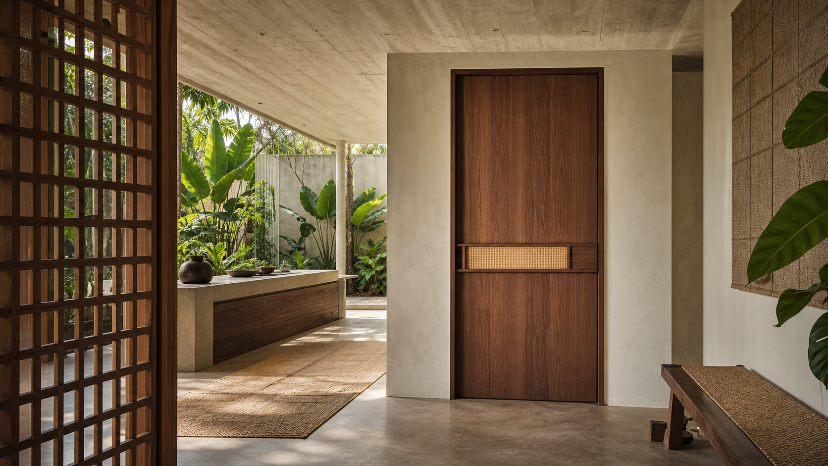 Fadior Alabaster Interior Door Suite with Rationalist Rail Pivot Door — lifestyle setting with natural light and residential