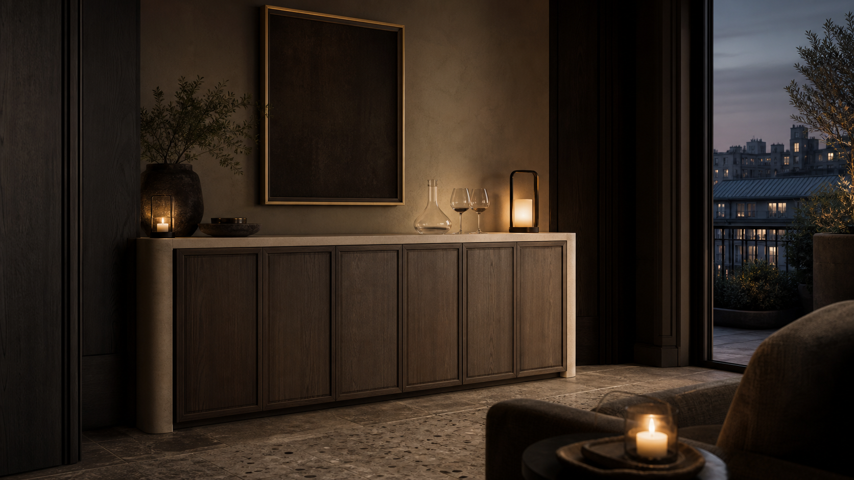 Fadior Cru Wine Cabinet Suite with Silk Honed Tasting Credenza — lifestyle setting with natural light and residential styling