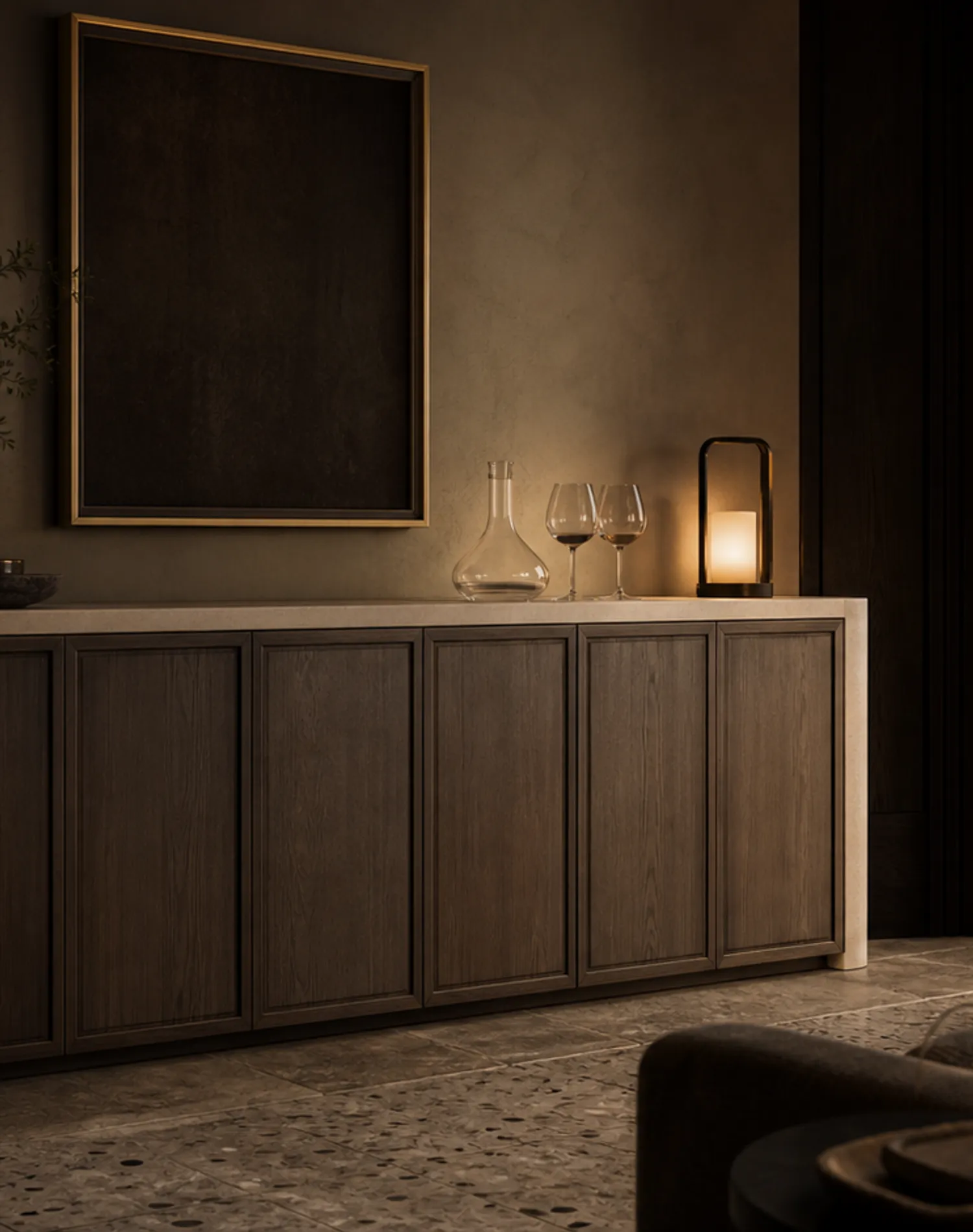 Suite de Armario de Vinos Cru con Credenza de Cata Silk Honed estudio de adaptación