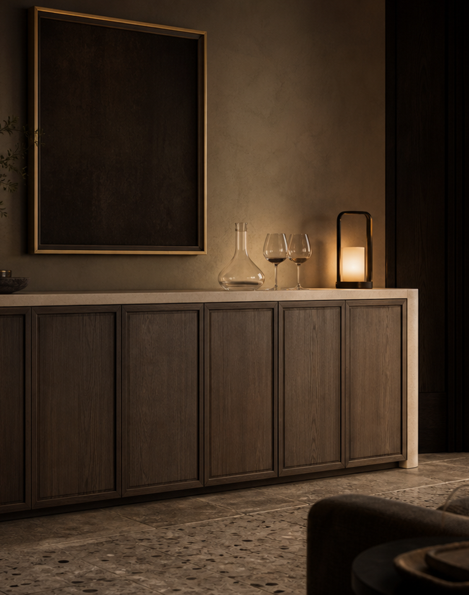 Fadior Cru Wine Cabinet Suite with Silk Honed Tasting Credenza — lifestyle setting with natural light and residential styling