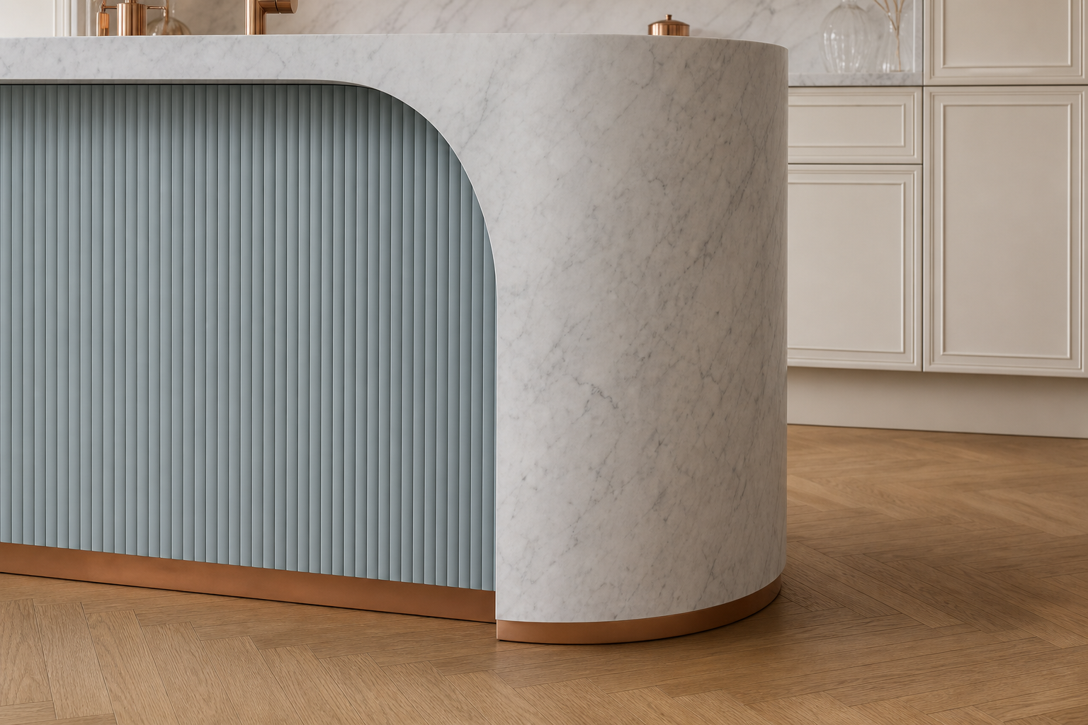 Fadior Riviera Kitchen Suite with Arched Coastal Prep Island — close-up of stainless steel finish and hardware detail